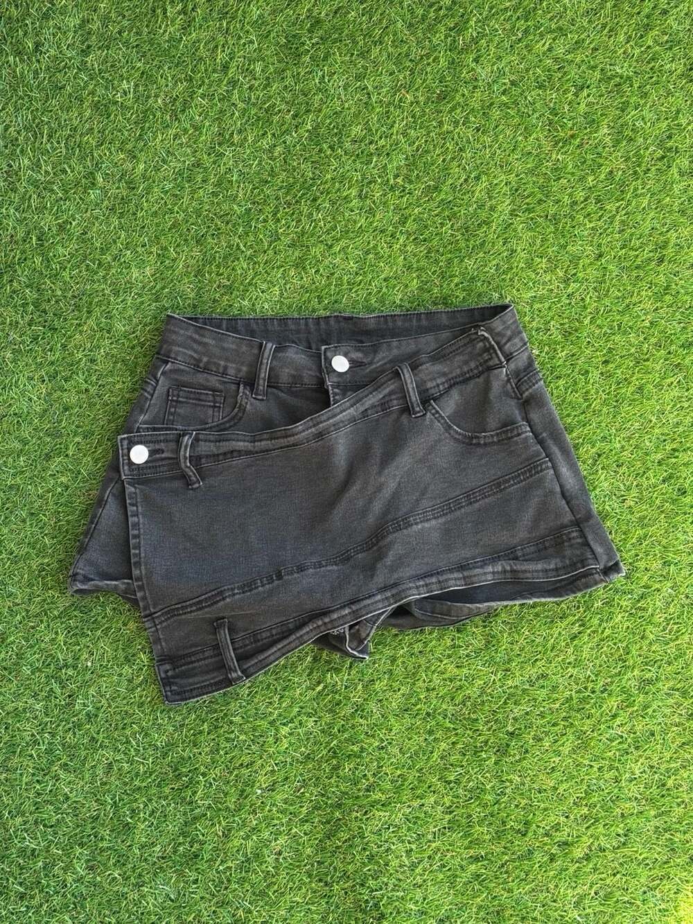 Black Denim Asymmetric Wrap Mini Skort Medium